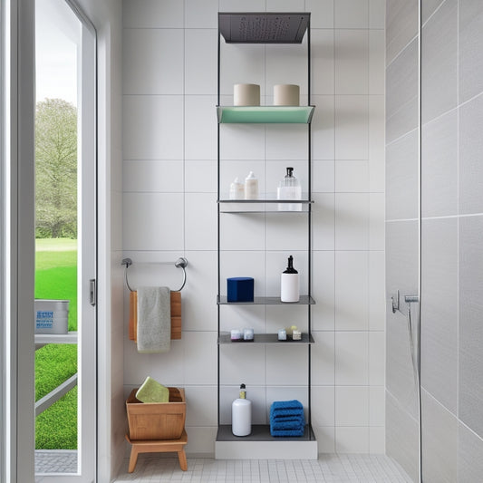 A modern, minimalist shower with a wall-mounted, triple-tiered caddy holding various shower products, a rainfall showerhead, and a recessed niche with a built-in bench and storage cubbies.