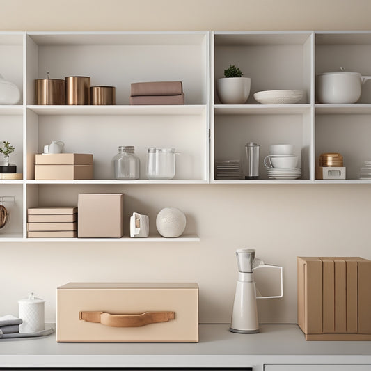 A tidy, minimalist apartment with boxes stacked neatly against a wall, a few unpacked items like a vase and coffee maker on a shelf, and a single, open box with organized contents spilling out.