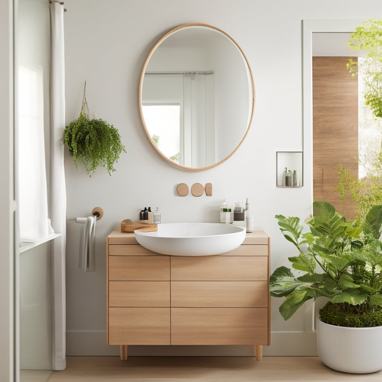 A serene bathroom scene showcasing sleek, white minimalist furniture: a floating vanity with a circular mirror, a compact storage unit, soft lighting, natural wood accents, and a clean, uncluttered space with potted greenery.