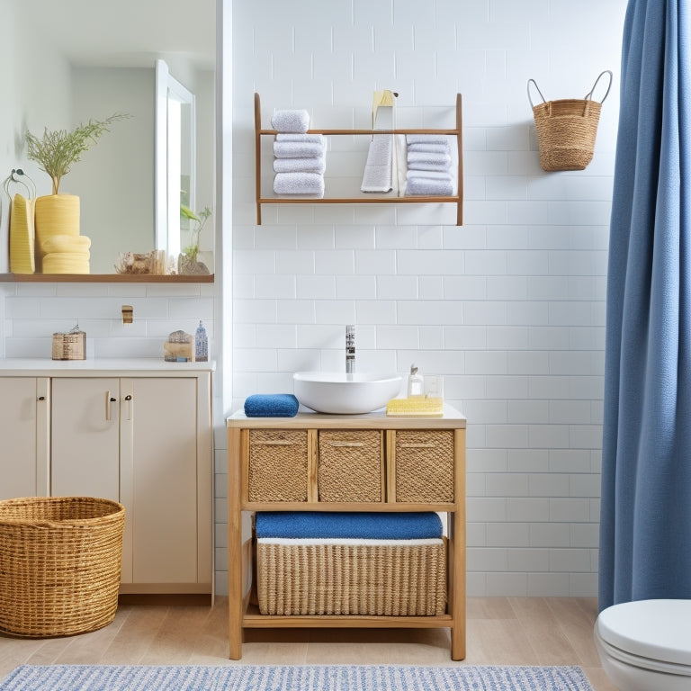 A modern bathroom with a wall-mounted shelf featuring three woven baskets, a towel rack with rolled towels, and a pedestal sink with a minimalist storage cabinet underneath.