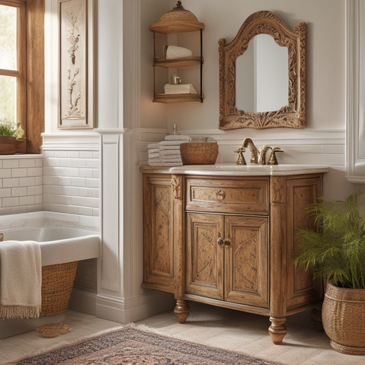 A serene bathroom with a freestanding wooden cabinet featuring ornate carvings, a wall-mounted wooden shelf with woven baskets, and a wooden bench with a storage compartment underneath.