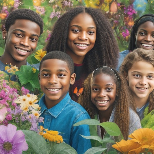An illustration of a diverse group of smiling youth and teens of various ages, ethnicities, and abilities, surrounded by vibrant flowers, leaves, and butterflies, with subtle hints of technology and connectivity in the background.