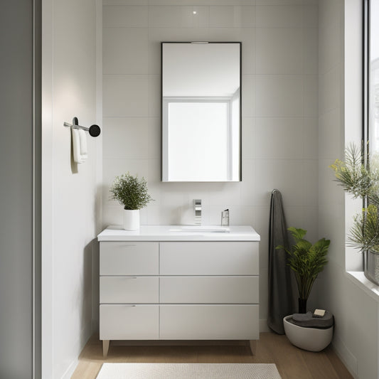 A sleek, modern bathroom with a wall-mounted glass door cabinet above a compact sink, reflected in a large, rounded mirror, surrounded by crisp white tile and minimalist decor.