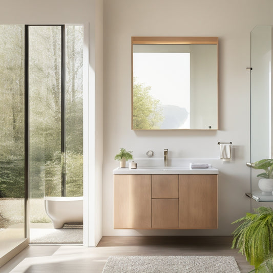 A serene bathroom scene featuring a floating vanity with clean lines, a large frameless mirror, minimalist fixtures, and neutral tones, complemented by sleek storage solutions and natural light streaming through a frosted glass window.