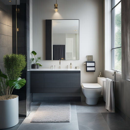 A serene, modern bathroom with a freestanding tub, wall-mounted sink, and toilet combo in a sleek, matte black finish, surrounded by creamy marble and soft, warm lighting.