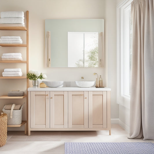 A serene bathroom scene featuring sleek, wall-mounted cabinets in soft white and natural wood tones, neatly organized with colorful towels, stylish jars, and minimalistic decor, all against a soothing pastel backdrop.