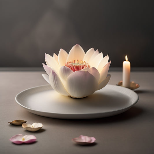 A serene, minimalist illustration featuring a blooming lotus flower surrounded by calming candles, a few scattered rose petals, and a subtle, shimmering aura, set against a soft, creamy background.