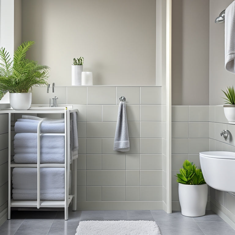 A serene, minimalist bathroom with soft gray walls, featuring a sleek, wall-mounted corner shelf in polished chrome, holding a few rolled towels and a small potted plant.