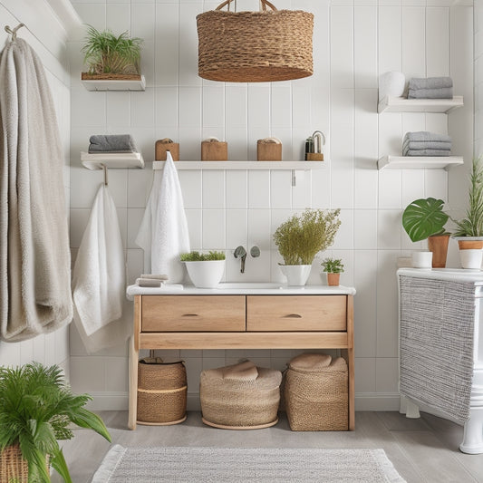 A serene bathroom with a wall-mounted shelf holding three woven baskets, a freestanding storage unit with labeled drawers, and a hanging organizer with rolled towels and a few potted plants.