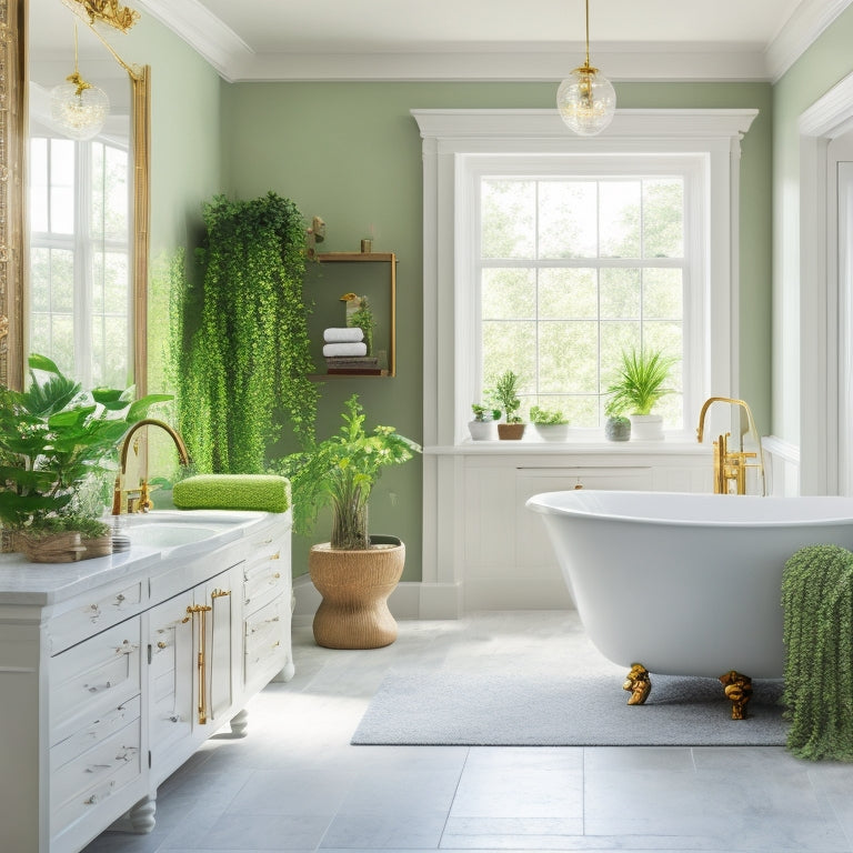 A serene, spa-inspired bathroom with a large, floor-to-ceiling white wall cabinet featuring ornate hardware, soft LED lighting, and a freestanding tub surrounded by lush greenery and calming water elements.