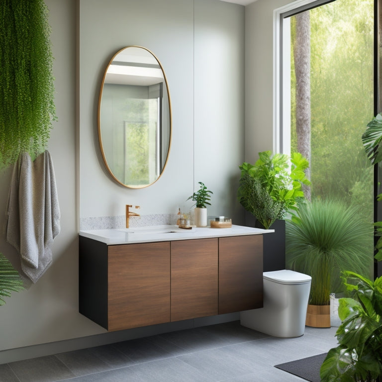 A sleek, minimalist bathroom featuring a wall-mounted vanity with soft-close drawers, a round vessel sink, and ambient lighting, all surrounded by lush greenery and elegant tiles that create a serene, modern atmosphere.
