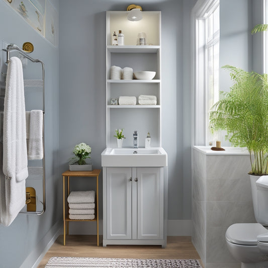 A tidy, modern bathroom with a pedestal sink, showcasing a slide-out drawer, a pedestal storage cabinet, and a wall-mounted shelf, all filled with neatly organized bathroom essentials.