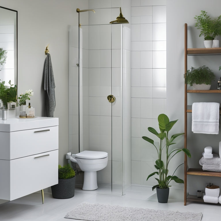 A sleek, modern bathroom with a ladder shelving unit against a white wall, holding rolled towels, decorative soap dispensers, and a potted plant, surrounded by a freestanding tub and marble flooring.