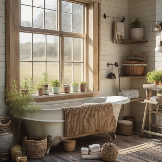 A rustic farmhouse bathroom featuring vintage wooden shelves, glass jars filled with cotton balls, antique metal baskets, a clawfoot tub, and potted herbs, all surrounded by warm, natural light streaming through a window.