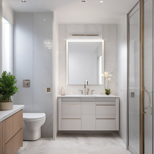 A modern bathroom with a sleek, white, LED-lit wall cabinet featuring soft-close doors and a marble countertop, surrounded by neutral-toned walls and a large, walk-in shower.