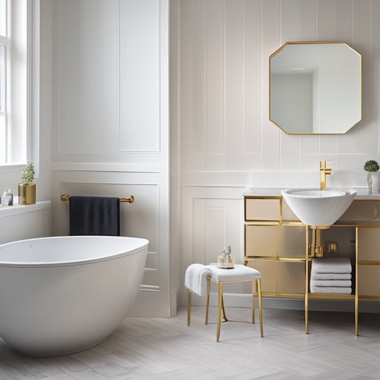 A sleek, modern bathroom with a freestanding tub, surrounded by trendy furniture pieces, such as a minimalist vanity and a geometric-patterned stool, amidst a neutral color palette with pops of gold accents.