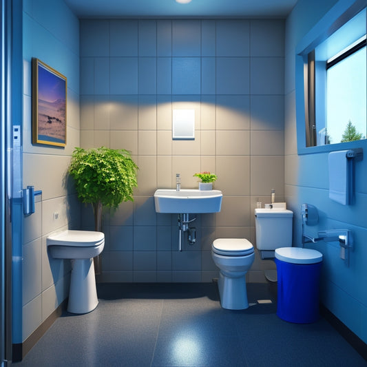 An illustration of a modern, well-lit public toilet room with a stainless steel sink, automatic hand dryer, and wheelchair-accessible stall with grab bars and a lowered toilet seat.