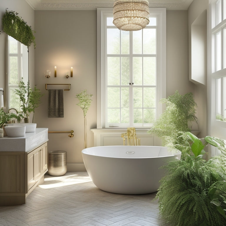 A serene bathroom scene with a freestanding tub, surrounded by warm beige walls, large format white tiles, and lush greenery, illuminated by a skylight and adorned with a minimalist chandelier.