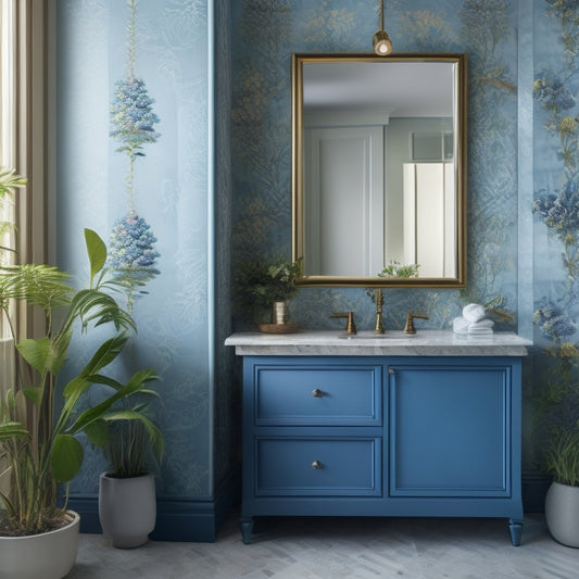 A serene bathroom with a statement wallpaper featuring a botanical print of lush greenery, paired with a minimalist mirror, and a few carefully placed decorative tiles in a soothing blue hue.