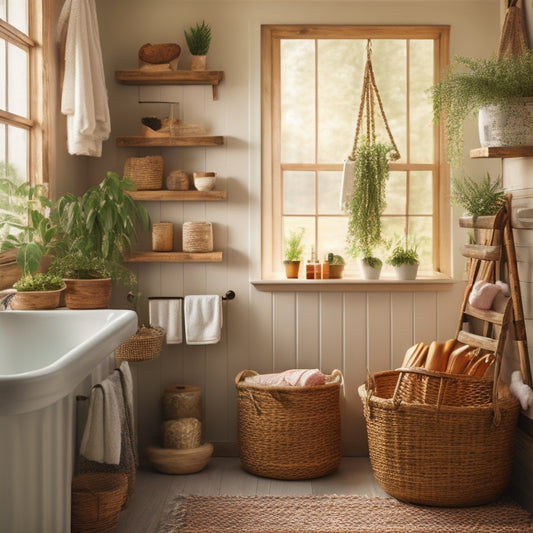 A cozy rustic bathroom featuring reclaimed wood shelves, vintage jars for toiletries, a ladder for towels, and a charming wicker basket under a sink, surrounded by soft natural light and potted greenery.