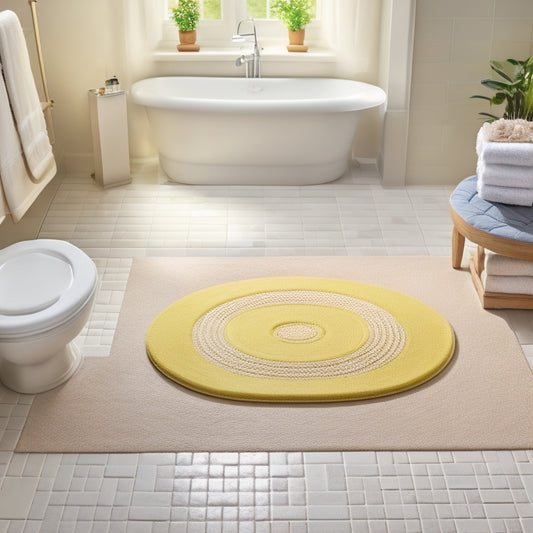 A serene bathroom scene with a clean, white tub, adorned with 3-4 colorful, top-rated bath tub slip mats in different shapes and sizes, on a warm, beige tile floor.