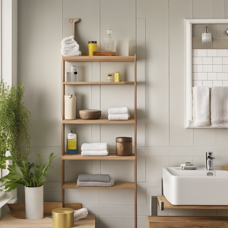 A clean and modern bathroom with a wall-mounted shelf, tools, and materials scattered around, including a level, drill, screws, and a shelf board, against a soft, gray background.