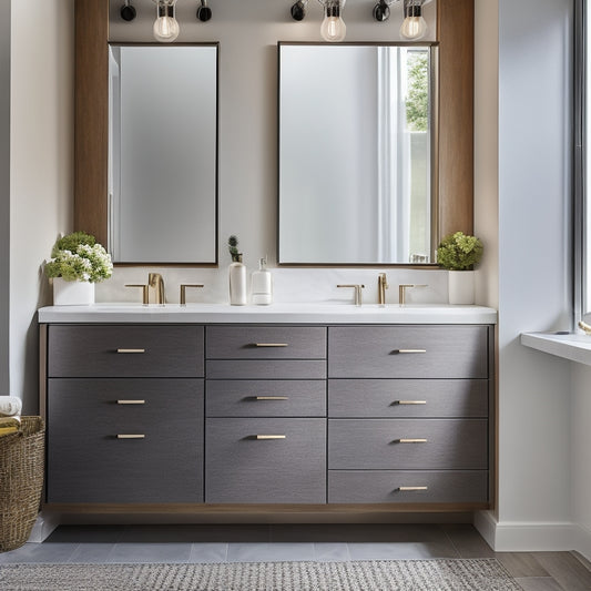 A sleek, modern bathroom featuring stylish waterproof vanity storage solutions, including elegant baskets, clear organizers, and chic cabinets, all arranged neatly around a serene, minimalist countertop with soft ambient lighting.
