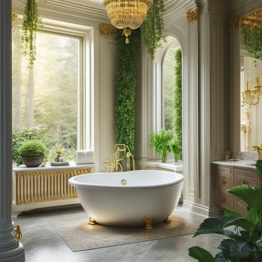 A serene, spa-like bathroom with a freestanding tub, surrounded by floor-to-ceiling marble walls, and a stunning chandelier hanging from a vaulted ceiling, amidst lush greenery and soft, golden lighting.