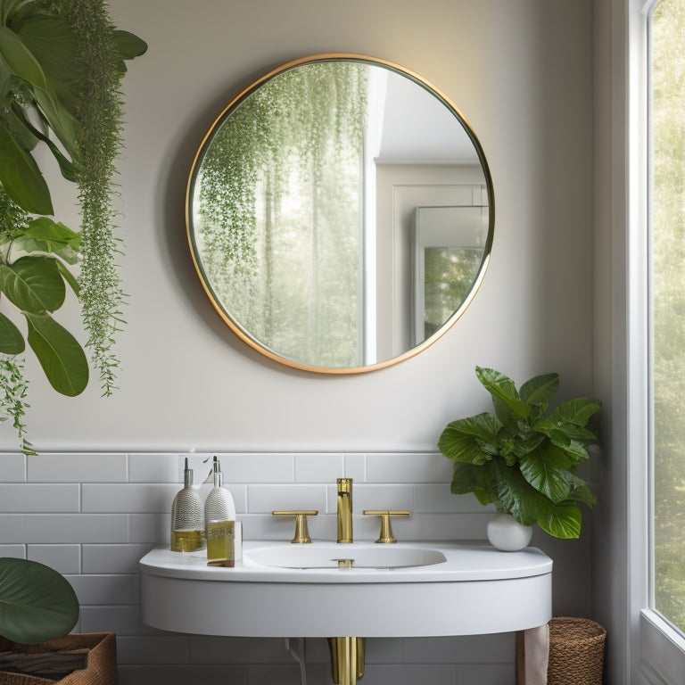 A modern bathroom with a sleek, wall-mounted vanity featuring a large, oval-shaped mirror, surrounded by elegant lighting, and adorned with lush greenery, set against a calming, neutral-toned backdrop.