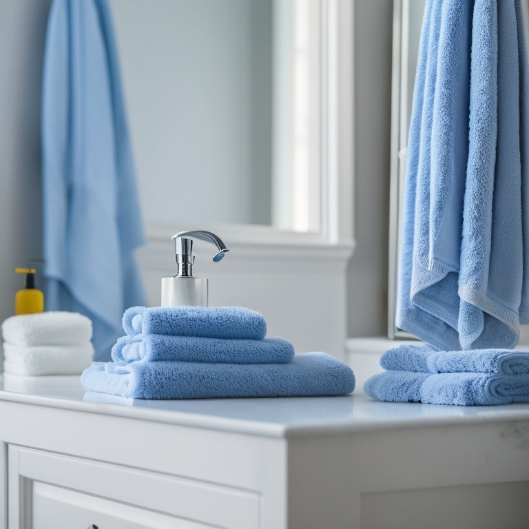 A serene bathroom scene with a tidy countertop, a few neatly arranged toiletries, and a single, fluffy towel hanging from a towel rack, set against a calming, soft-blue background.