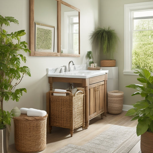 A serene bathroom scene featuring elegant waterproof storage solutions, such as sleek, clear bins and stylish wicker baskets, surrounded by lush greenery, soft lighting, and moisture-resistant decor, emphasizing organization in a humid environment.