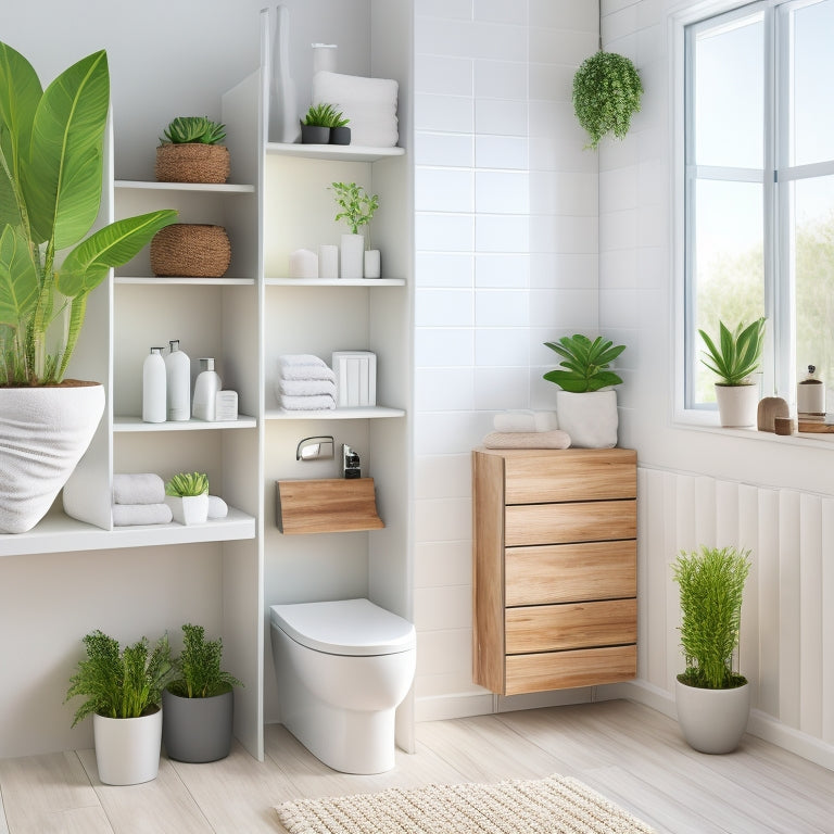 A sleek, white bathroom featuring a minimalist over-the-toilet shelving unit, adorned with potted succulents, neatly folded towels, and subtle decorative items, all set against a soft, neutral wall for a serene ambiance.