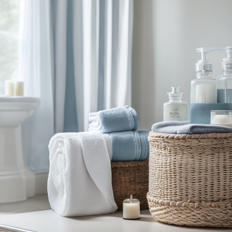 A serene bathroom scene with a clean, white countertop, a neatly arranged trio of apothecary jars, and a woven basket holding rolled towels, set against a soft, pale blue background.