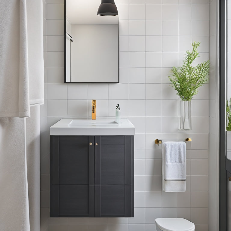 A sleek, narrow bathroom vanity unit in a compact, modern bathroom, featuring a minimalist design, soft lighting, and elegant fixtures. The space highlights clever storage solutions and stylish decor, maximizing functionality in tight spaces.