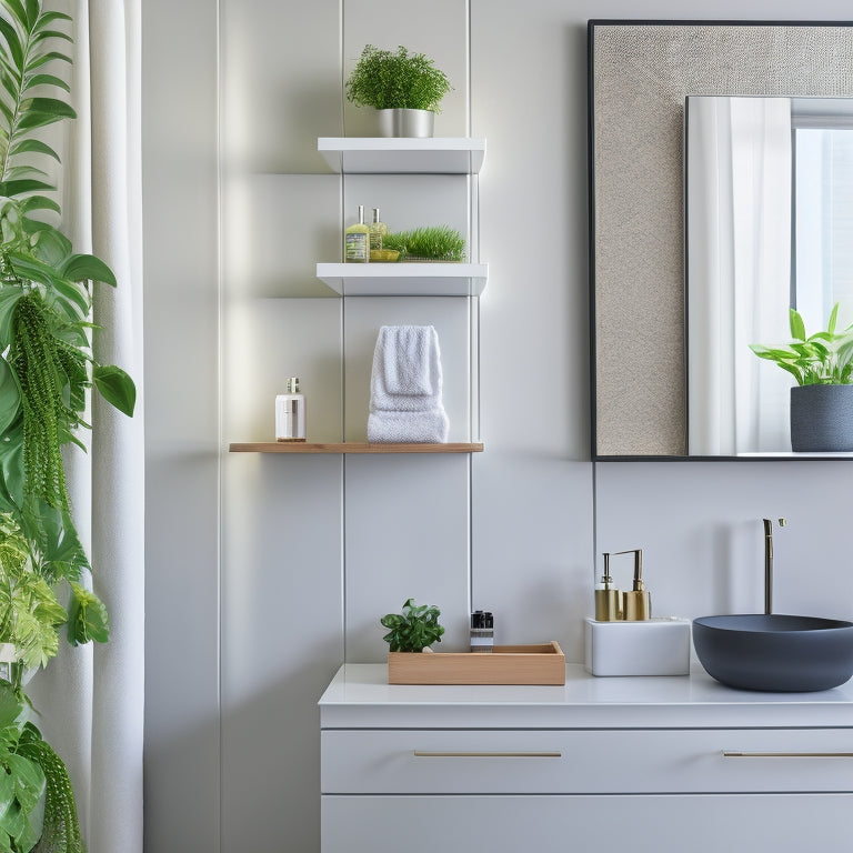 A sleek, minimalist bathroom featuring elegant floating shelves with potted plants, neatly arranged toiletries, and a stylish cabinet with a glossy finish, all set against a calming neutral wall and modern fixtures.