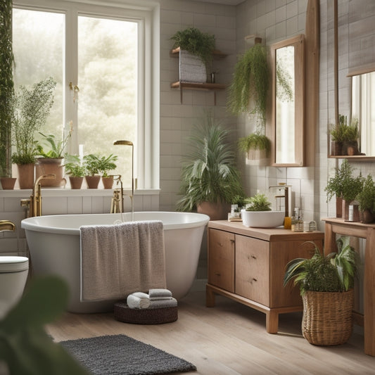 A serene bathroom scene with 10 wooden bathroom racks in various styles, each holding towels, toiletries, and plants, arranged around a freestanding tub, surrounded by soft lighting and lush greenery.