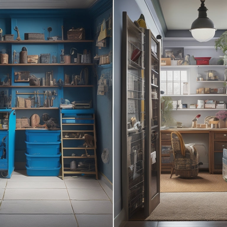 A before-and-after split-screen image: a cluttered room with tools and materials scattered on the floor, contrasted with a sleek in-wall storage cabinet with open doors revealing organized shelves.
