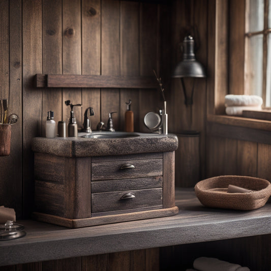 A rustic, wooden bathroom cabinet with reclaimed wood planks and metal hardware, surrounded by scattered DIY tools and wooden shavings, set against a warm, earthy-toned background.