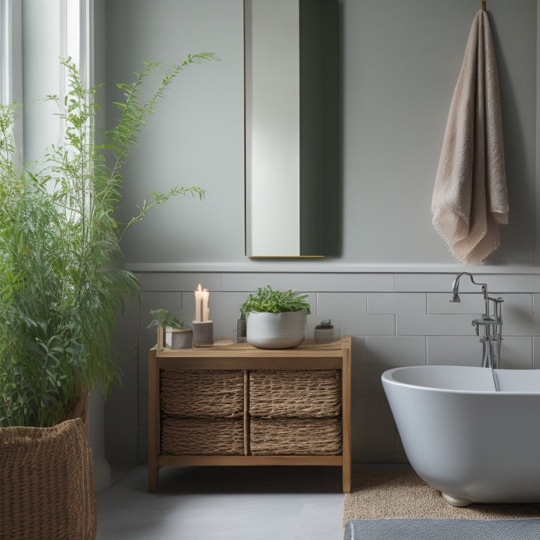 A serene bathroom scene featuring a freestanding tub, adorned with lush greenery and a few candles, set against a soft gray wall with a minimalist mirror and a woven basket beneath a pedestal sink.