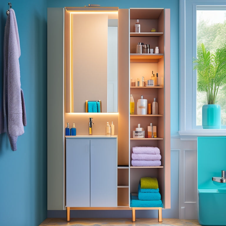 A sleek, modern rotating bathroom cabinet in a compact space, showcasing its dual-sided shelves filled with colorful toiletries, soft lighting highlighting the minimalist design, and a stylish mirror reflecting the organized, clutter-free environment.