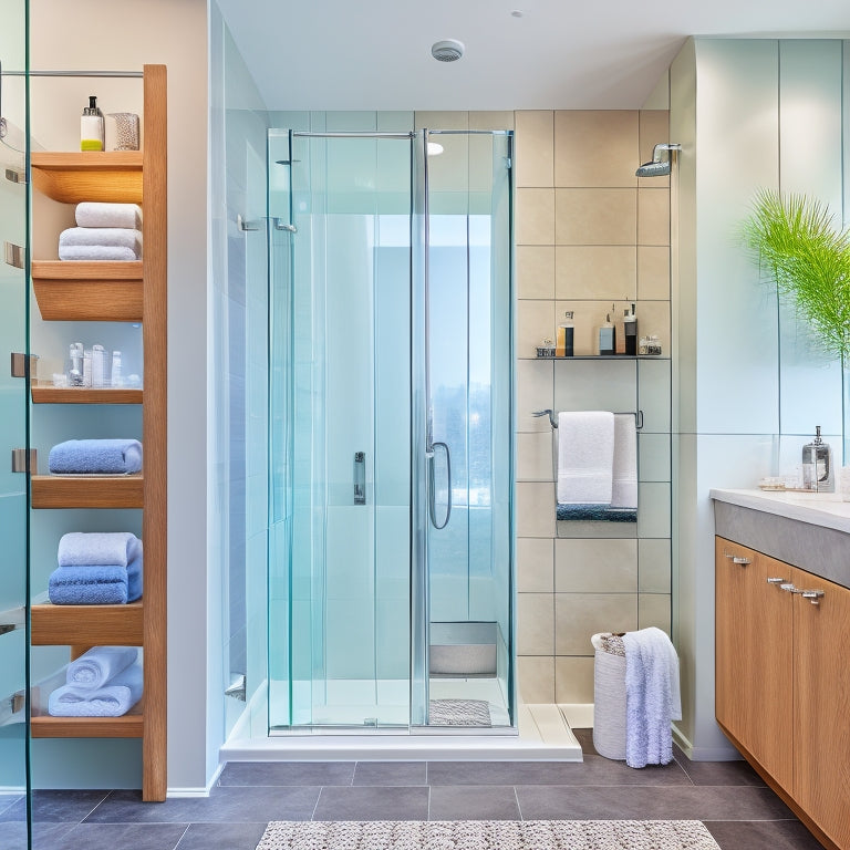 A sleek, modern bathroom with a large walk-in shower, featuring multiple waterproof storage shelves in varying sizes, made of glass and stainless steel, with rolled towels and toiletries neatly organized.