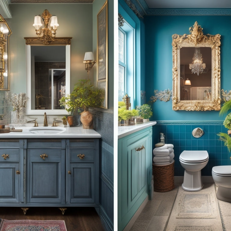 A split-screen image: a cluttered bathroom with a worn-out vanity on the left, and a modern, sleek bathroom with a custom-built vanity on the right, featuring a double sink and ornate mirror.