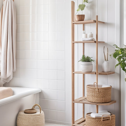 A minimalist bathroom with a ladder shelf against a white wall, featuring three woven storage baskets in natural fibers, with rolled towels and a few decorative plants, in soft, warm lighting.