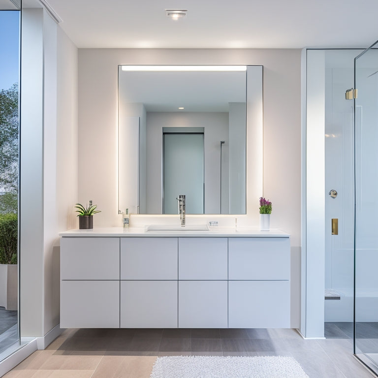 A modern bathroom with a large, frameless glass door medicine cabinet above a sleek, white quartz countertop, surrounded by LED-lit mirrors and minimalist plumbing fixtures.