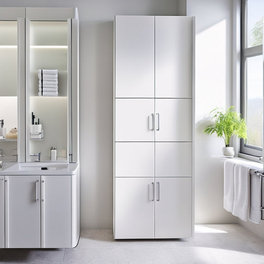 A modern bathroom featuring sleek, white rotating storage cabinets with multiple compartments, neatly organized toiletries and towels, surrounded by soft natural light filtering through a frosted window, and a minimalist aesthetic.