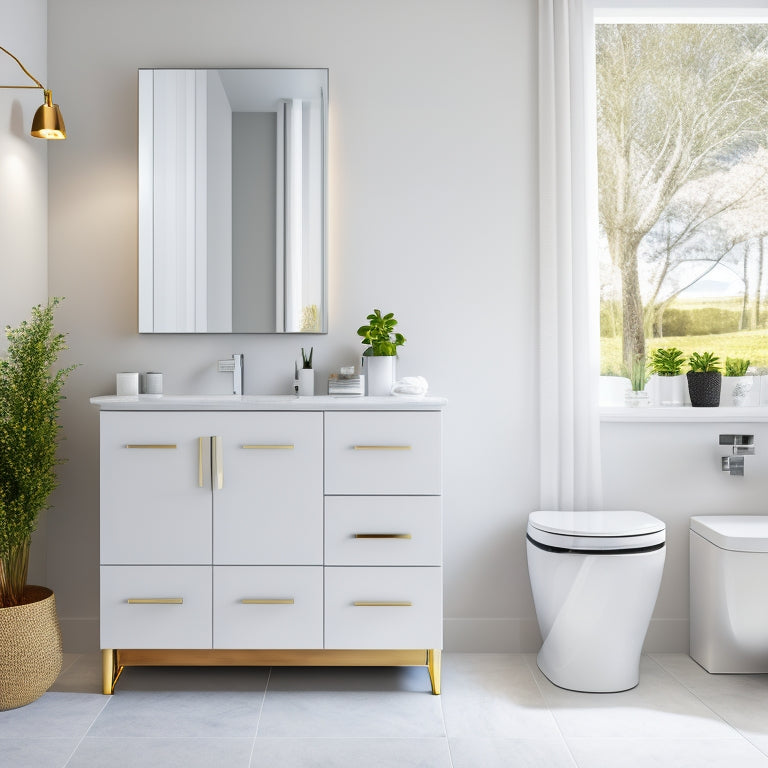 A modern, sleek bathroom with a compact stand featuring three drawers in a soft-close, matte-white finish, surrounded by a minimalist mirror and a few strategically placed decorative items.