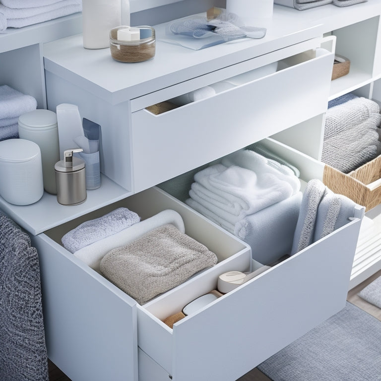 A modern bathroom with sleek, white drawers, containing drawer dividers in various shapes and materials, such as woven baskets, acrylic inserts, and fabric-covered boards, organized with toiletries and bathroom essentials.