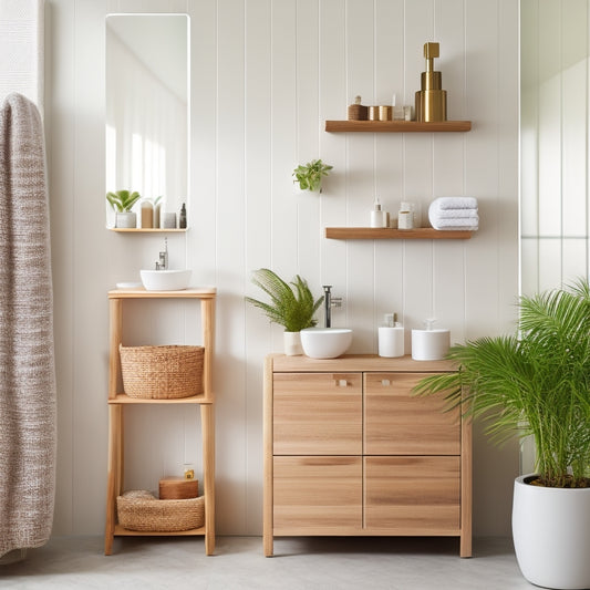 A sleek, modern bathroom featuring minimalist shelves adorned with neatly organized jars, bamboo baskets, and lush greenery; a floating vanity with clean lines, all set against soft, neutral tones and bright natural light streaming in.