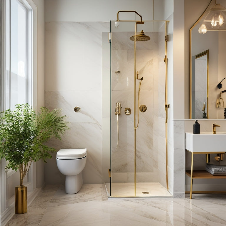 A serene bathroom scene featuring a sleek, wall-mounted sink and a frameless glass shower enclosure with a rainfall showerhead, surrounded by polished marble floors and walls.