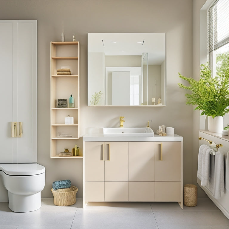 A modern bathroom featuring elegant wall-mounted storage units in various materials, showcasing minimalist shelves, sleek cabinets, and artistic organizers, all harmonized with soft lighting and a serene color palette of whites and pastels.